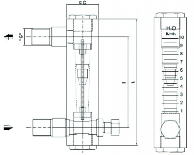 Scheme for akrylic (PMMA) flowmeters for medium flow rates with the needle valve